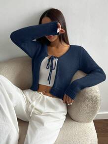 Flirla 女式纯色长袖前系带休闲开衫，秋冬 - 藏蓝色 - 查看 5