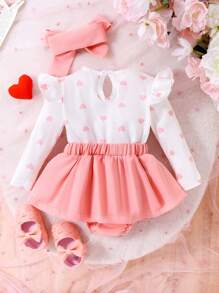 SHEIN 1 bộ đồ liền thân tay dài in họa tiết trái tim sọc caro cho bé gái + băng đô - Hồng - Xem 2