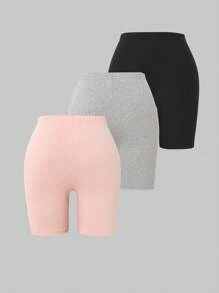 SHEIN 3 قطعة / مجموعة شورتات وسروال ضيق بألوان أساسية كاجوال للفتيات المراهقات، للربيع والصيف، تباع على حدة من الأعلى