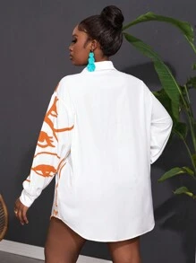 Slaydiva Women Plus Size Holiday Casual Graphic Line Pattern Face Print Patchwork Blouse Top - Orange - View 2