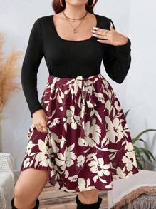 SHEIN LUNE Women's Plus Size Square Neck Long Sleeve Floral Print Elegant Dress,Black Autumn Boho Tea Party Thanksgiving & New Year Winter Long Dress For Women - Red - View 3