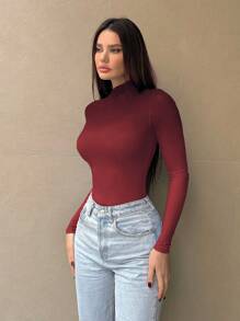 SHEIN Essnce Women's Gradient Color Bodysuit With Stand Collar And Red Long Sleeve - Burgundy - View 4