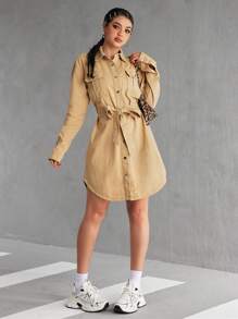 SHEIN EZwear Women's Autumn Long Sleeve Single Breasted Utility Pocket Casual Denim Shirt Dress - Khaki - View 5