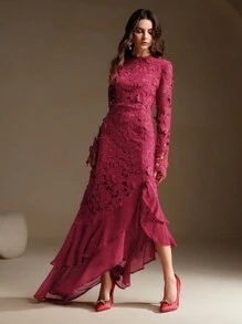 Anewsta Women's Round Neck Long Sleeve Lace 3D Floral Fishtail Hem Dress - Burgundy - View 7