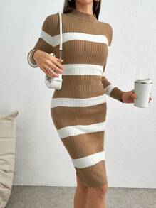 SHEIN Cottnline 黑白毛衣裙简约时尚修身 - 駝色 - 查看 4