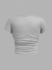 SHEIN Girlism 3 Piece Set Tween Girls Fitted Casual Solid Color Crew Neck Shirred Short Sleeve T-Shirts