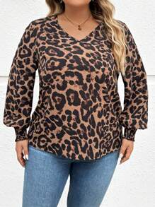 SHEIN LUNE 大码豹纹灯笼袖休闲衬衫，适合秋季新年派对衬衫，优雅的办公服装，大码女士优雅通勤简约时尚百搭畅销衬衫，春夏百搭流行设计时尚日常穿着优雅衬衫女式衬衫 - 棕色 - 查看 4