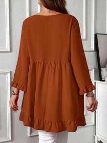 EMERY ROSE Plus Size Casual Plain Ruffle Hem Blouse, Autumn - Brown - View 2