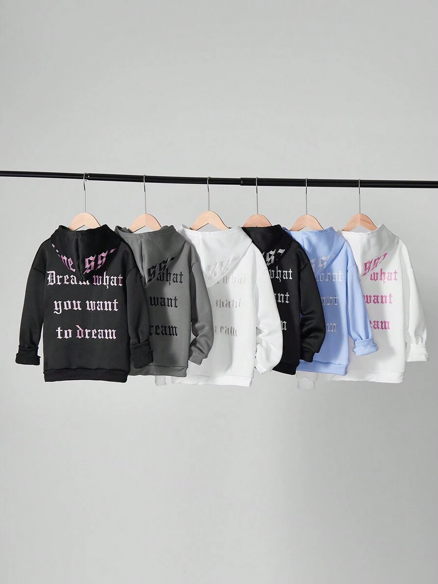 SHEIN Tween Girl Autumn/Winter New Arrival Back Embroidered Text & Letter Hooded Sweatshirt