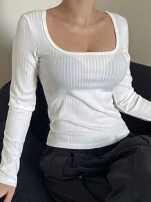 DAZY Women's Casual Solid Color Slim Fit Long Sleeve T-Shirt,Fall Clothes - White - View 4