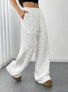 SHEIN Unity Basic Textured Jacquard Elastic Waist Sweatpants, Autumn/Winter Fall Cloth For Women - White - View 4