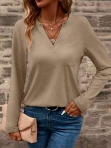 EMERY ROSE Autumn Casual Solid Notched Neck T-Shirt Fall Cloth For Women - Apricot - View 4