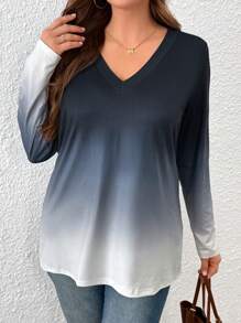 SHEIN LUNE Plus Size Women Ombre V-Neck Long Sleeve Casual T-Shirt, Autumn