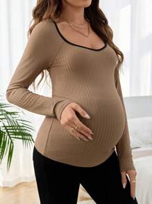SHEIN Áo thun cổ tròn tay loe phối màu thoải mái cho bà bầu dài tay - màu nâu - Xem 5