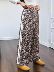 SHEIN 少女豹纹系带简约风格长裤，日常休闲装 - 棕色 - 查看 1