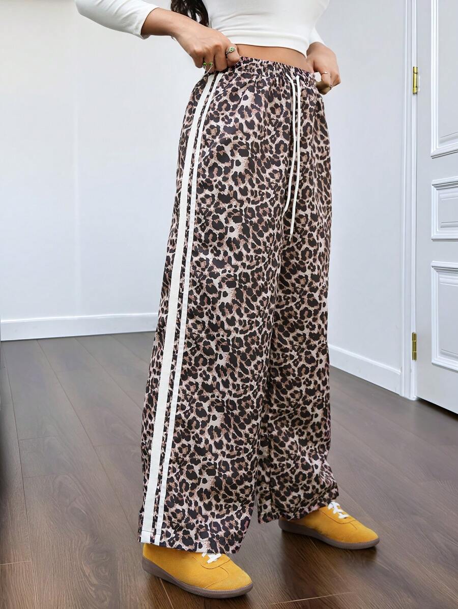 SHEIN 少女豹纹系带简约风格长裤，日常休闲装 - 棕色 - 查看 1