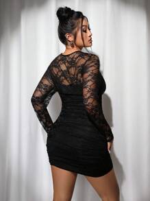 SHEIN ICON Plus Size Black Crew Neck Long Sleeve Lace Twist Front Mini Bodycon Dress, Lace Mini Dress, Suitable For Parties