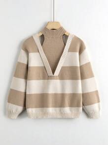 SHEIN Tween Girl 2 In 1 Cold-Shoulder Striped Pullover Sweater - Khaki - View 2