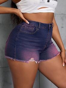 SHEIN SXY Plus Size Distressed Frayed Hem High Stretch Skinny Denim Shorts Summer - Red Violet - View 5