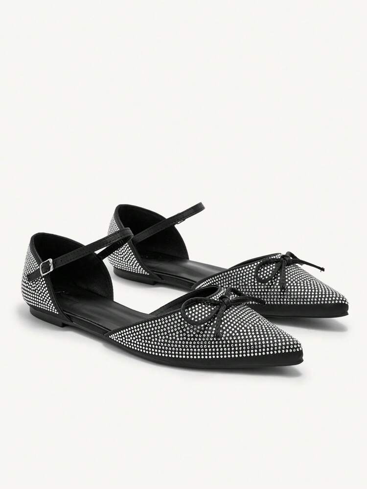 CUCCOO CHICEST Women's Black Satin Pointy Toe Rhinestone Flat Slip-On Shoes Spring Shoes Spring Break Easter