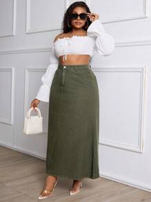 Slaydiva Plus Size Women's A-Line Denim Skirt - Army Green - View 4