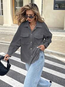 SHEIN Frenchy Women's Solid Color Drop Shoulder Long Sleeve Utility Pocket Regular Jacket, Autumn Winter - Dark Grey - View 4