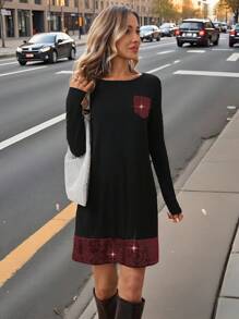 SHEIN LUNE Robe courte à manches longues, col rond, patchwork de perles pour femmes, pour l'automne