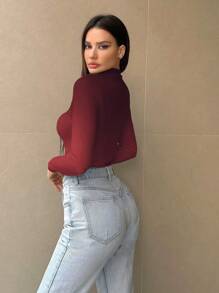 SHEIN Essnce Women's Gradient Color Bodysuit With Stand Collar And Red Long Sleeve - Burgundy - View 2