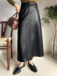 FRIFUL Women's Fashionable PU Metallic Zipper Skirt For Autumn Leather Skirt - Black - View 4