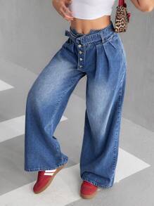 SHEIN EZwear Women's Simple Front Buttoned Jeans, Casual Daily Wear - Light Wash - View 5