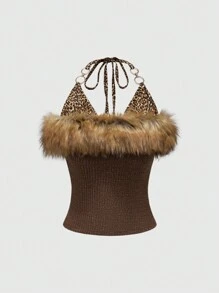 ROMWE J-Fashion Y2K Gyaru 复古原宿女孩毛茸茸拼布豹纹女式吊带上衣