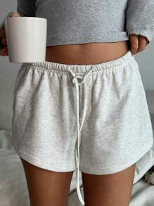 CovetEZ Pantalones cortos de punto de unicolor gris con botones y ata a la cintura para mujeres