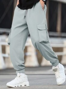 Manfinity Hypemode Men Plus Size Letter Patched Flap Pocket Side Drawstring Waist Cargo Pants, Fall - Dusty Blue - View 7