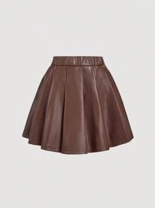 SHEIN MOD กระโปรงสีพื้นเอวสูง ริ้วพับ PU สีน้ำตาล, กระโปรง PU สีน้ำตาล, กระโปรงสั้นริ้วพับ, กระโปรงสีน้ำตาลใส่ในฤดูหนาว, กระโปรงหนังสีน้ำตาล - สีน้ำตาล - ดู 2