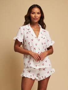 TryMe Set de pijamale cu mânecă scurtă, cu volane, cu guler, cu imprimeu cireș