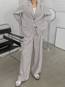 Dazy-Less 2 Pieces Loose Minimalist Striped Women Suit Business Casual Woman Work Clothes - Grey - View 7