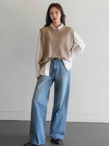 Dazy-Less Loose Solid Color Versatile Women Knitted Vest,Fall Clothes Business Casual Woman Work Clothes - Khaki - View 2