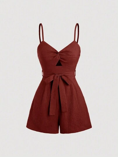 Sweetra 休闲纯色前结镂空带子连体裤