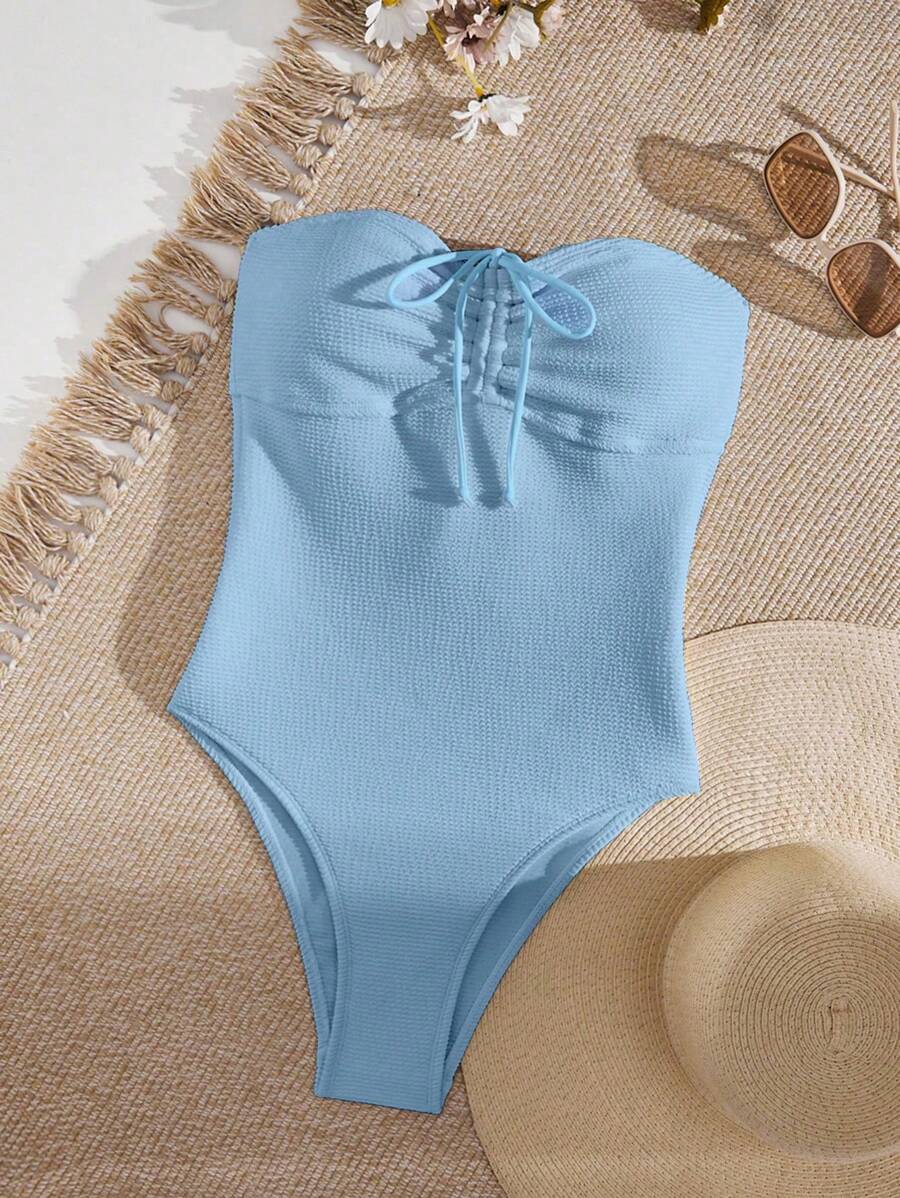 SHEIN Swim Summer Beach Women's Solid Color Strapless One Piece Swimsuit With Drawstring - Baby Blue - View 1