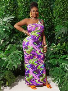 Slaydiva New 2025 Curve Plus Size Sexy Fashion Women One Shoulder Print Side Split Simple Bodycon Summer Dress Maxi Dress Spring/Summer - Multicolor - View 5