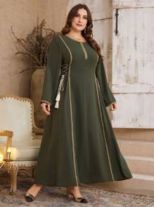Al Najma Plus Size Women V-Neck Long Sleeve Split Tie-Up Tassel Waist Slim Elegant Arabian Dress, Plus Size Arabian Dresses,Modest