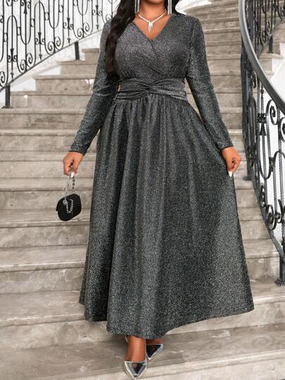 SHEIN Lady Autumn And Winter Elegant Party Sparkly Knitted V Neck Flared Long Long Sleeve Plus Size Dresses