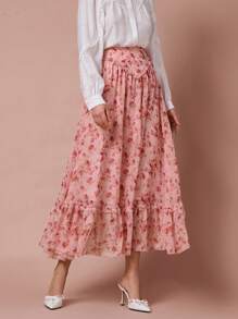 Enchnt Rose Pink Elegant Autumn Tea Party Women's Floral All-Over Print Ruffles Gathered A-Line Casual Skirt,For Valentine's Day& Dinner Dates,Spring - Pink - View 2
