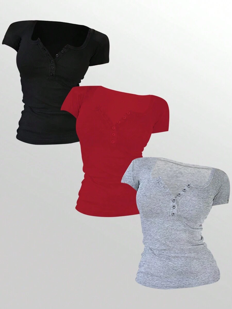 INAWLY 女士纯色休闲 T 恤，简约时尚，适合日常穿着 - 彩色 - 查看 1