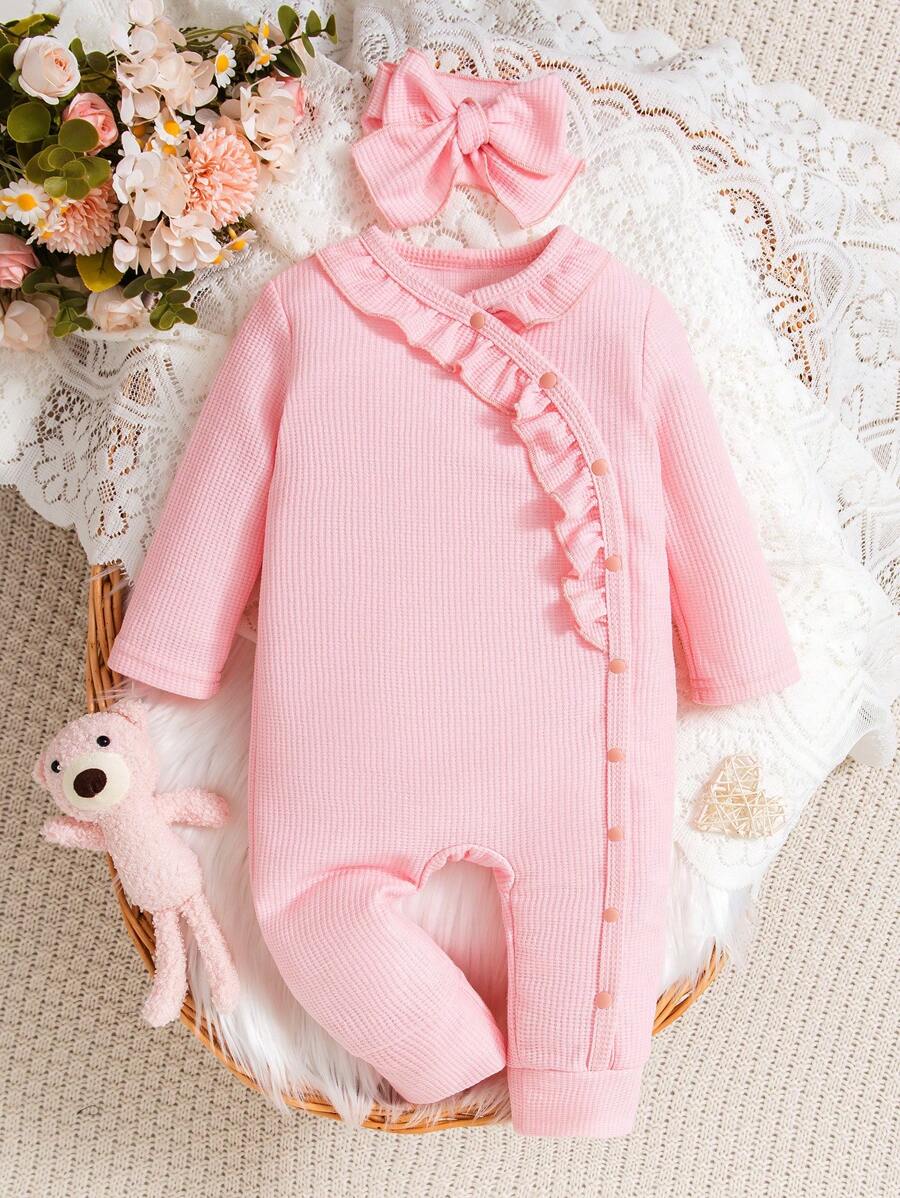 Baby Girls Waffle Long Sleeve Jumpsuits With Headband, Baby Loungewear - Pink - View 1