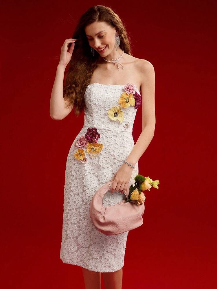 FLOWER EMBROIDERY GUIPURE LACE APPLIQUE TUBE DRESS,VALENTINE'S DAY OUTFIT,SPRING/SUMMER