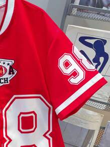 SHEIN Tween Boy 运动休闲拼色字母图案罗纹棒球领短袖衬衫，适合夏季、户外玩耍、学校、街头、派对和休闲 - 紅色 - 查看 4