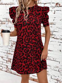 SHEIN Clasi Women Leopard Print Raglan Sleeve Round Neck Straight Mini Dress - Red - View 5
