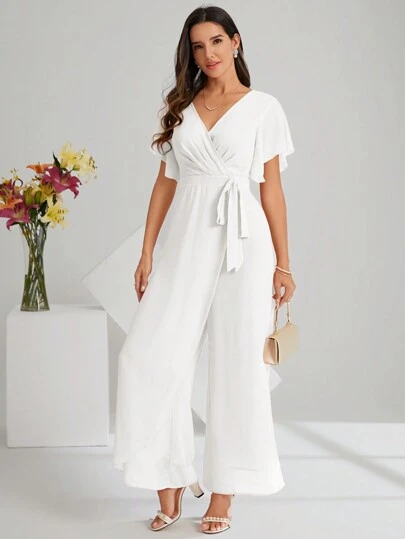 SHEIN Clasi Women's Elegant Solid Color Wrap Wide Leg Jumpsuit
