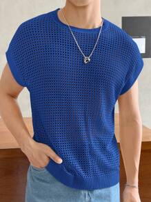 Manfinity Homme Top de punto abierta de manga de murciélago de unicolor y corte holgado para hombre - Azul - Ver 1